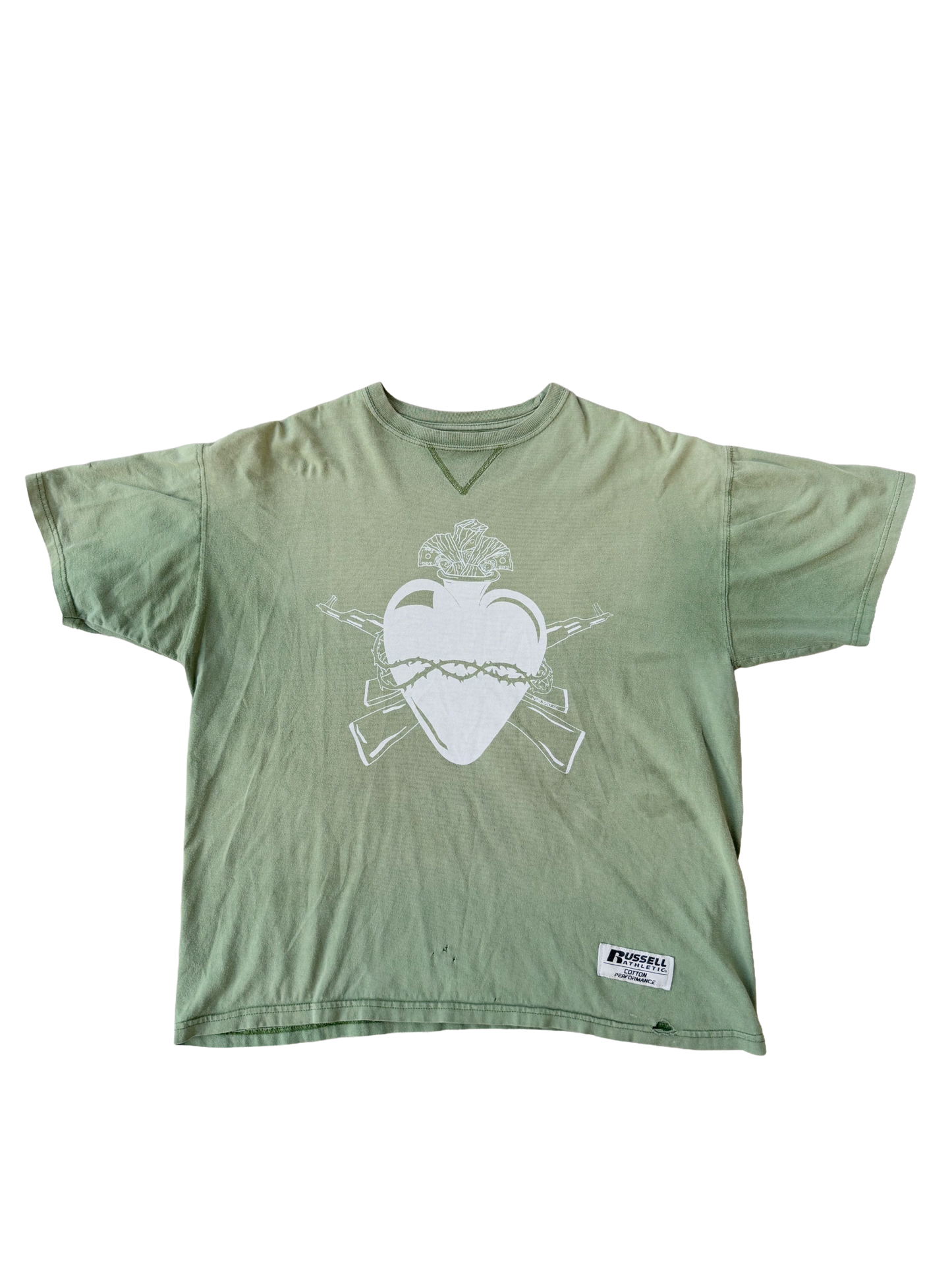 Green Jons Sacred Heart screen print / second-hand sourced green Russel Athletics tee