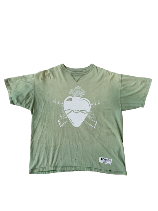 Green Jons Sacred Heart screen print / second-hand sourced green Russel Athletics tee